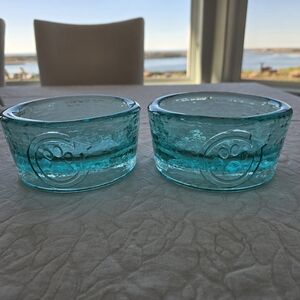 Set Of Two Pawnosh by Fire And Light Recycled Glass Dog Bowls - Aqua. Numbered.